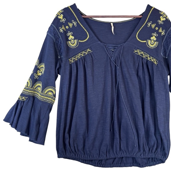 Free People Navy Blue Boho Yellow Embroidered Blouse - Picture 2 of 13